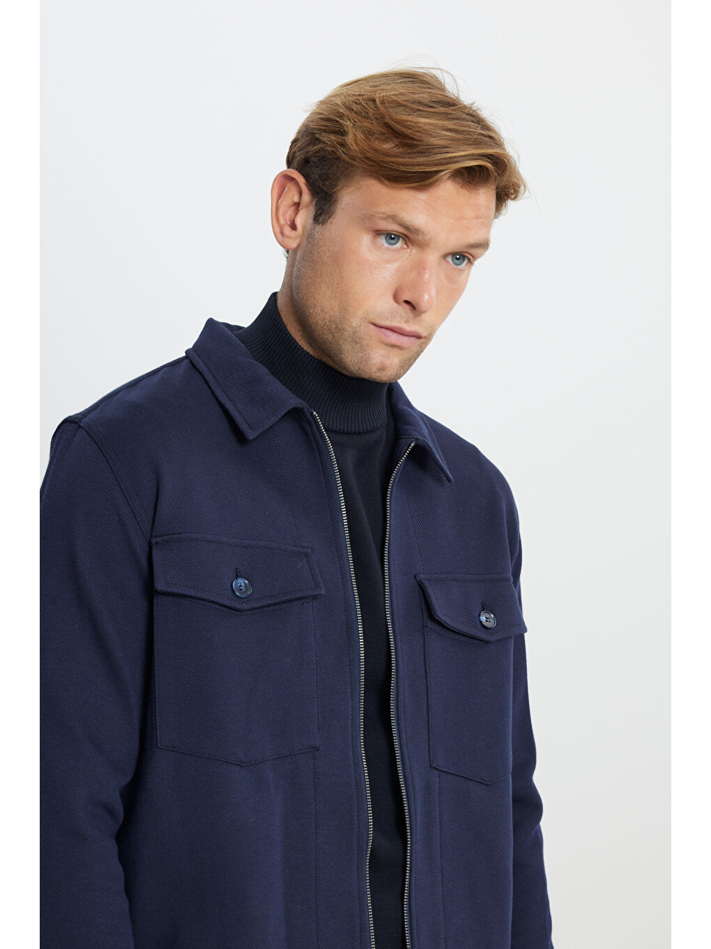Erkek Lacivert Standart Fit Normal Kesim Gömlek Yaka Pamuklu Mont-4