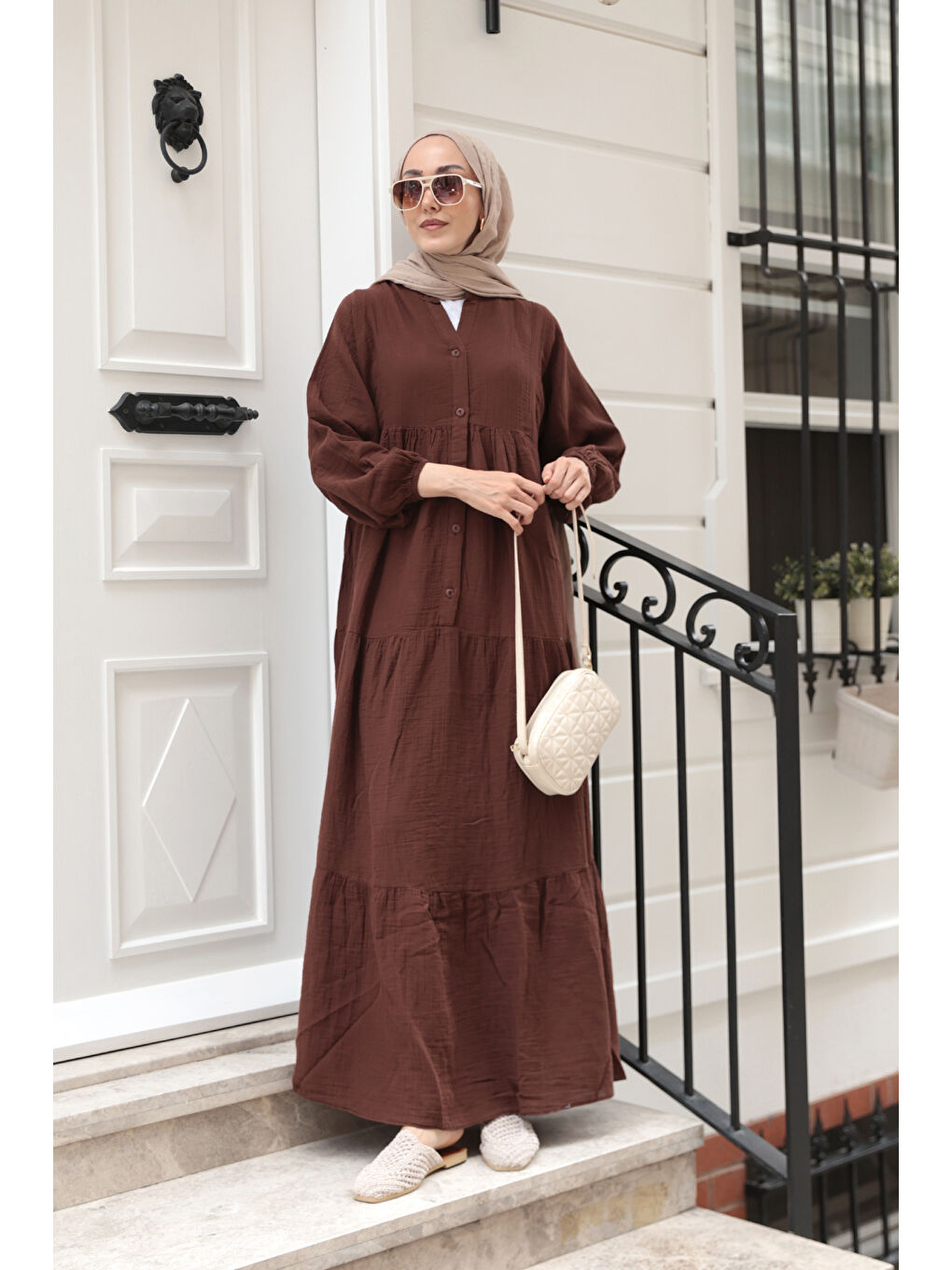 Kadın Kendinden Desenli Elbise Kahverengi-3