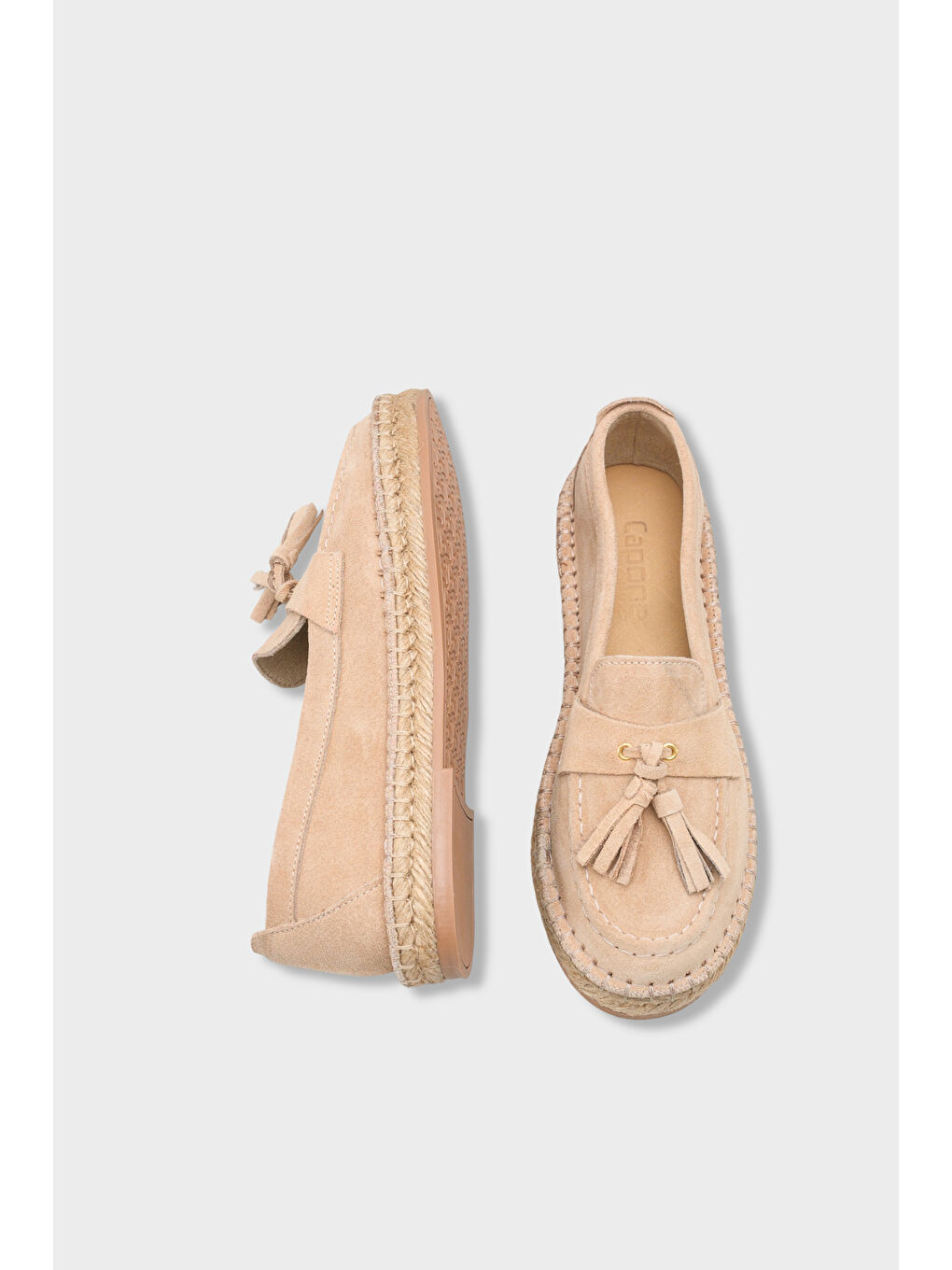 Bej Yoklo Hakiki Deri Süet Espadril Tabanlı Püsküllü Kadın Loafer Ayakkabı-4