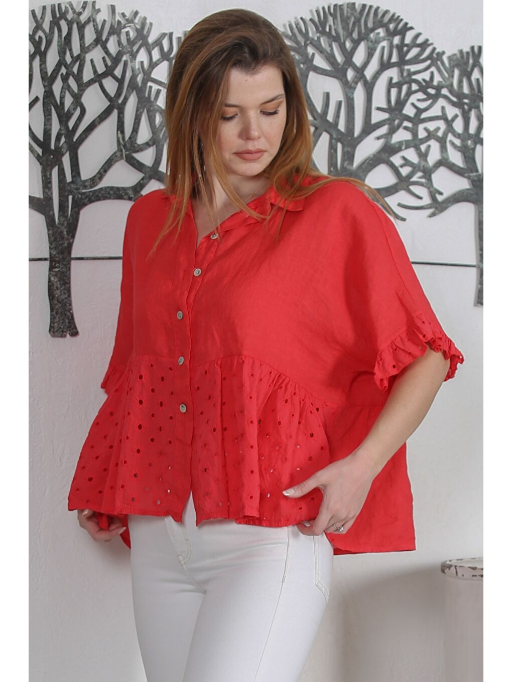 İtalyan Kırmızı Gömlek Yaka Fırfırlı Kol Sedef Düğmeli Dokuma Geniş Kesim Casual Keten Bluz
