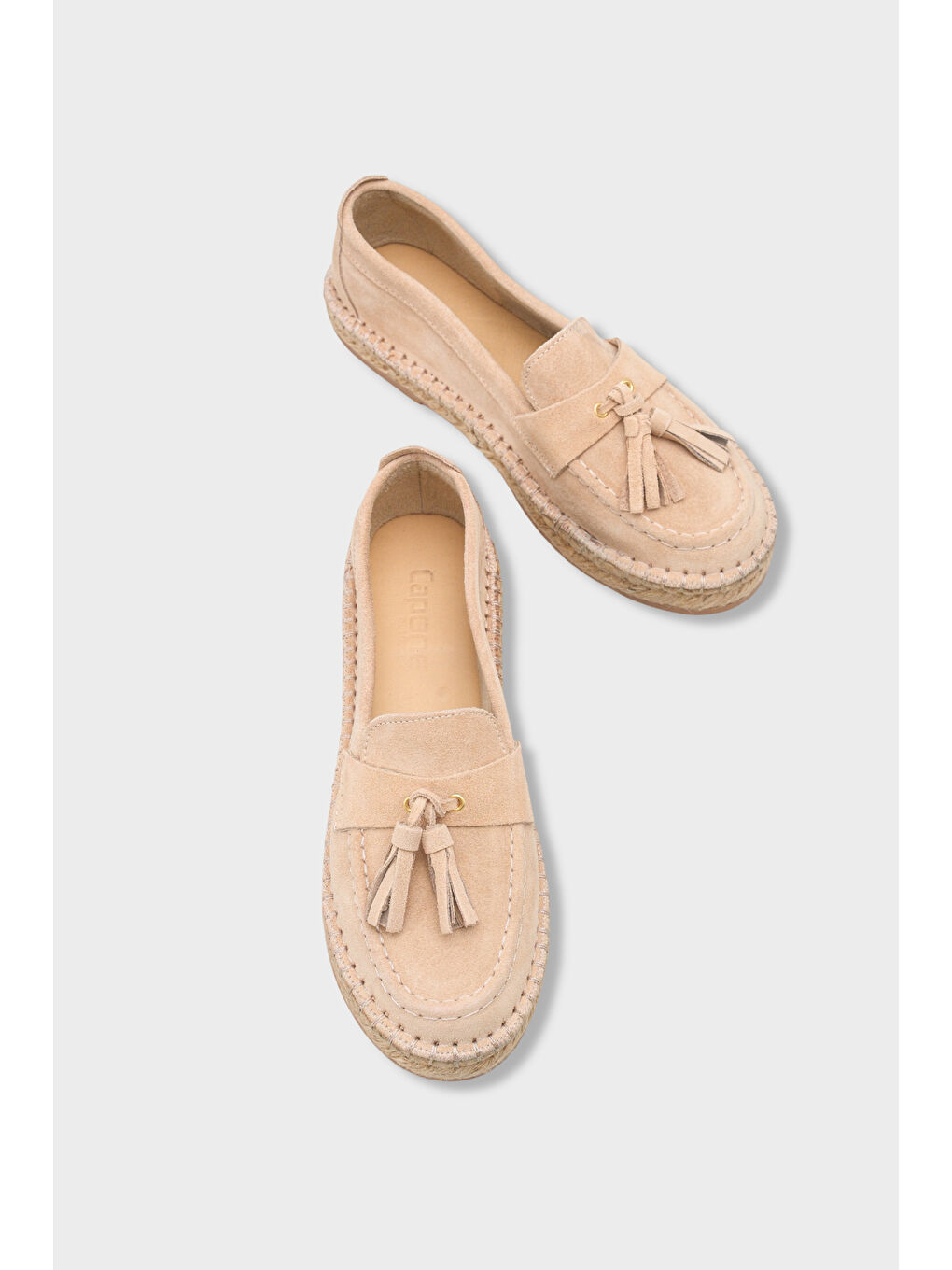 Bej Yoklo Hakiki Deri Süet Espadril Tabanlı Püsküllü Kadın Loafer Ayakkabı-5