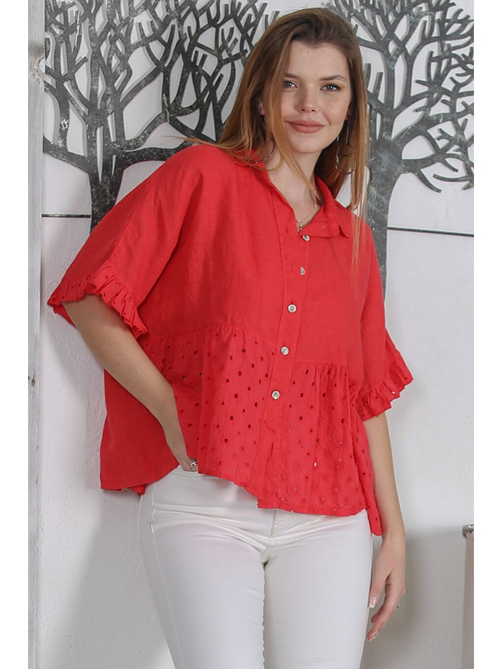 İtalyan Kırmızı Gömlek Yaka Fırfırlı Kol Sedef Düğmeli Dokuma Geniş Kesim Casual Keten Bluz-1