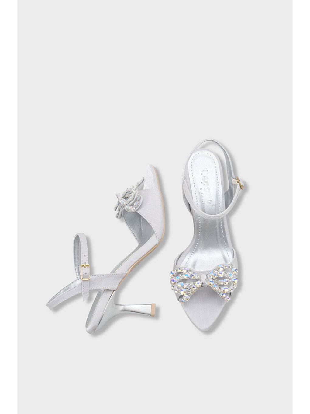 Gri Cissie Sivri Burunlu Taşlı Bilekten Bantlı Saten Orta Topuklu Kadın Ayakkabı-4
