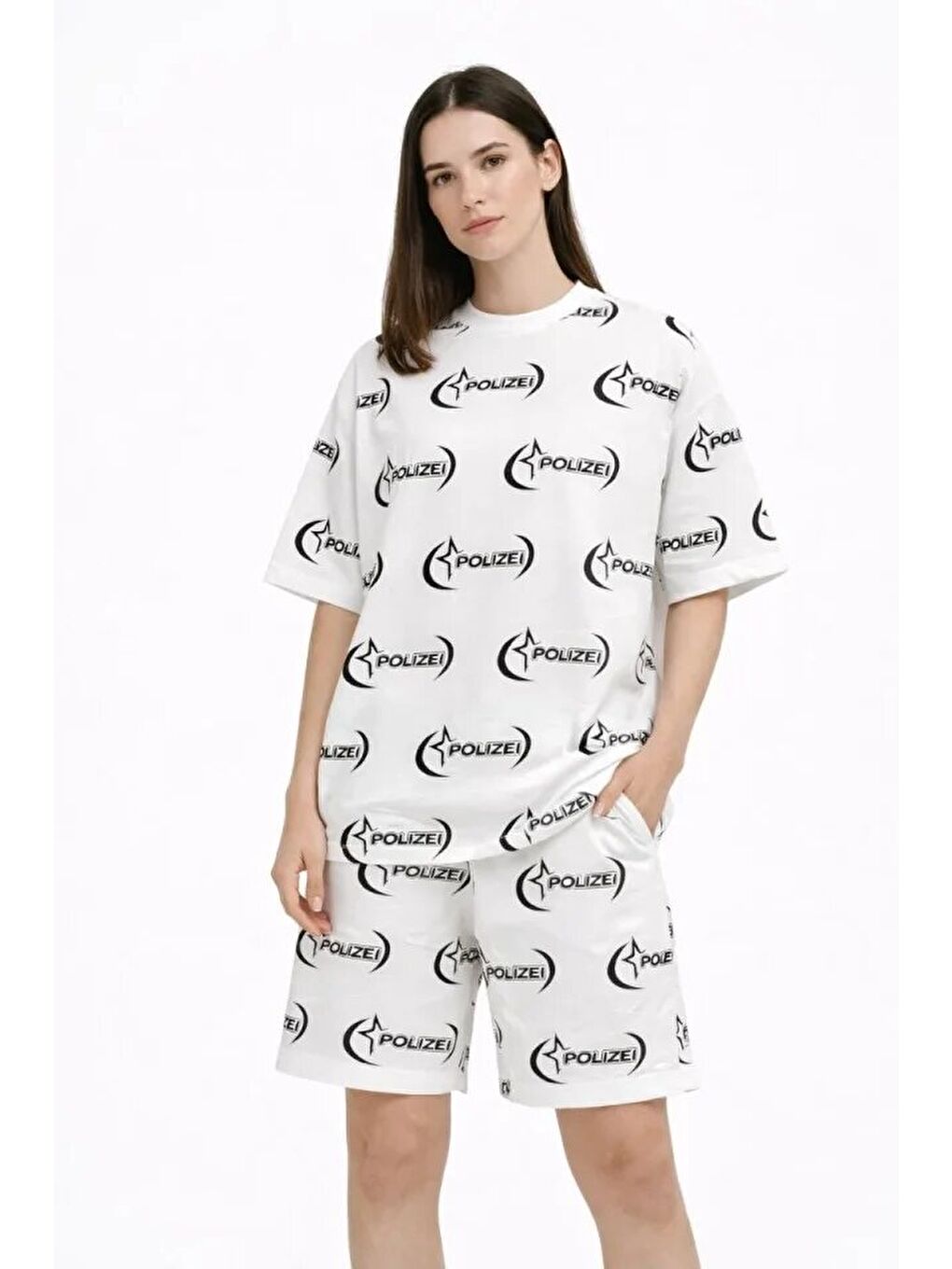 Oversize Ön Ve Arka Baskılı Tişört Şort Takım Rahat Kalıp Yazlık Günlük Kombin - Beyaz-2