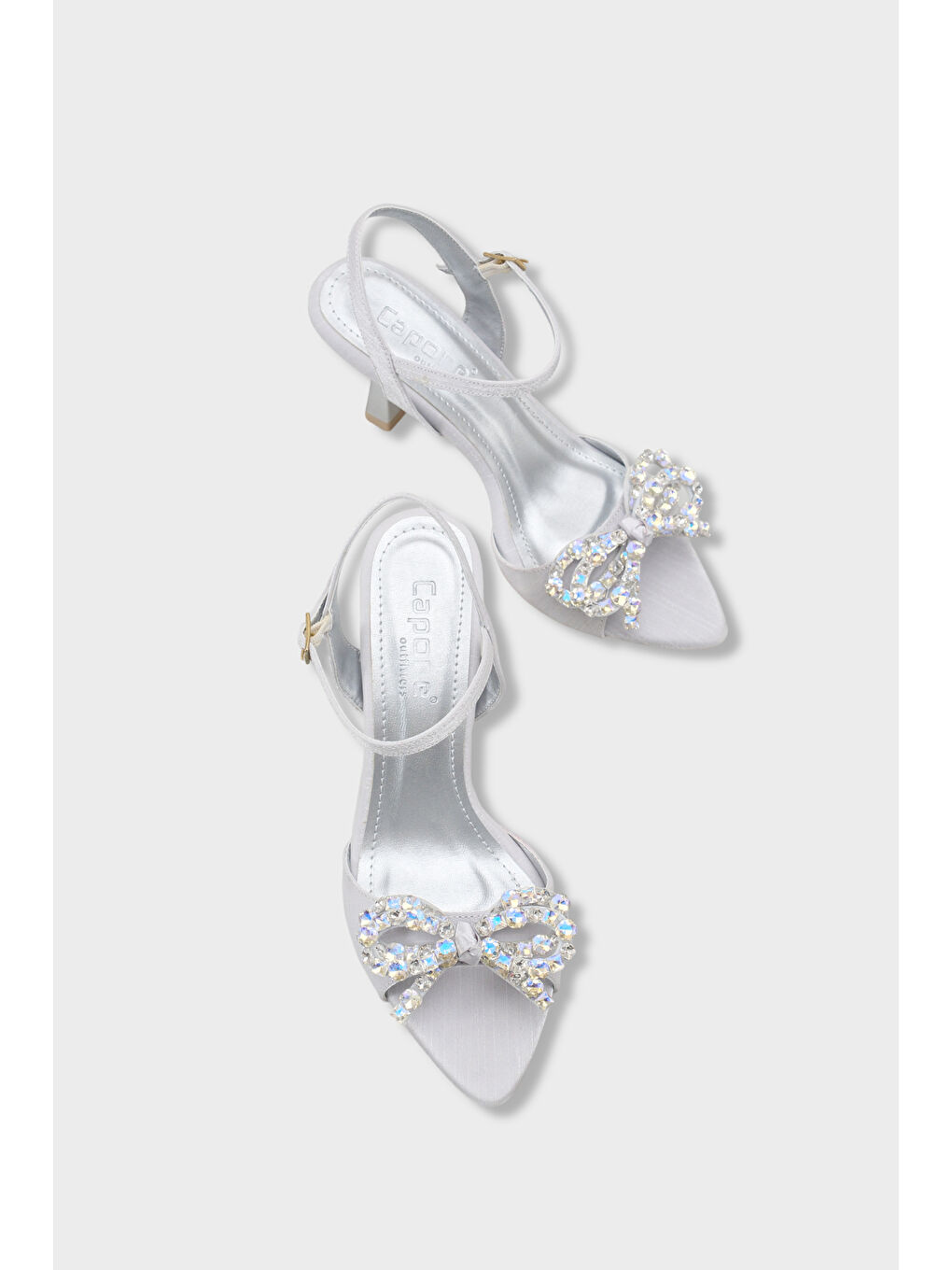 Gri Cissie Sivri Burunlu Taşlı Bilekten Bantlı Saten Orta Topuklu Kadın Ayakkabı-5