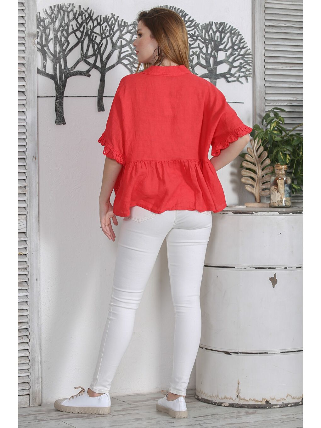 İtalyan Kırmızı Gömlek Yaka Fırfırlı Kol Sedef Düğmeli Dokuma Geniş Kesim Casual Keten Bluz-5