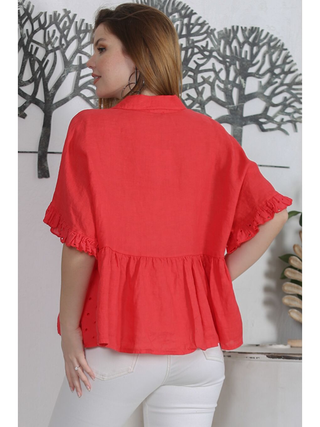 İtalyan Kırmızı Gömlek Yaka Fırfırlı Kol Sedef Düğmeli Dokuma Geniş Kesim Casual Keten Bluz-7