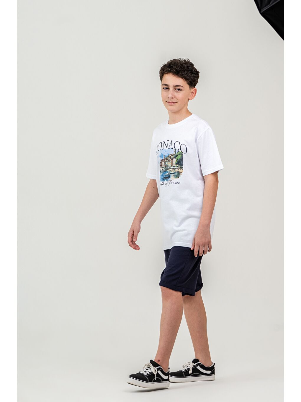 Lacivert Ön Orta Baskılı Duble Paçalı Erkek Çocuk Şort - Tişört Takımı-1