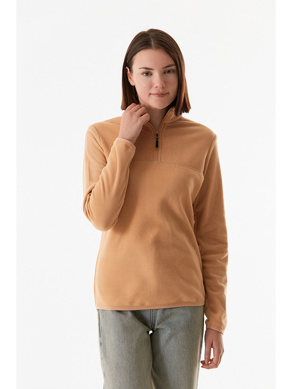 Fullamoda Bej Basic Yarım Fermuarlı Dik Yaka Polar Sweatshirt