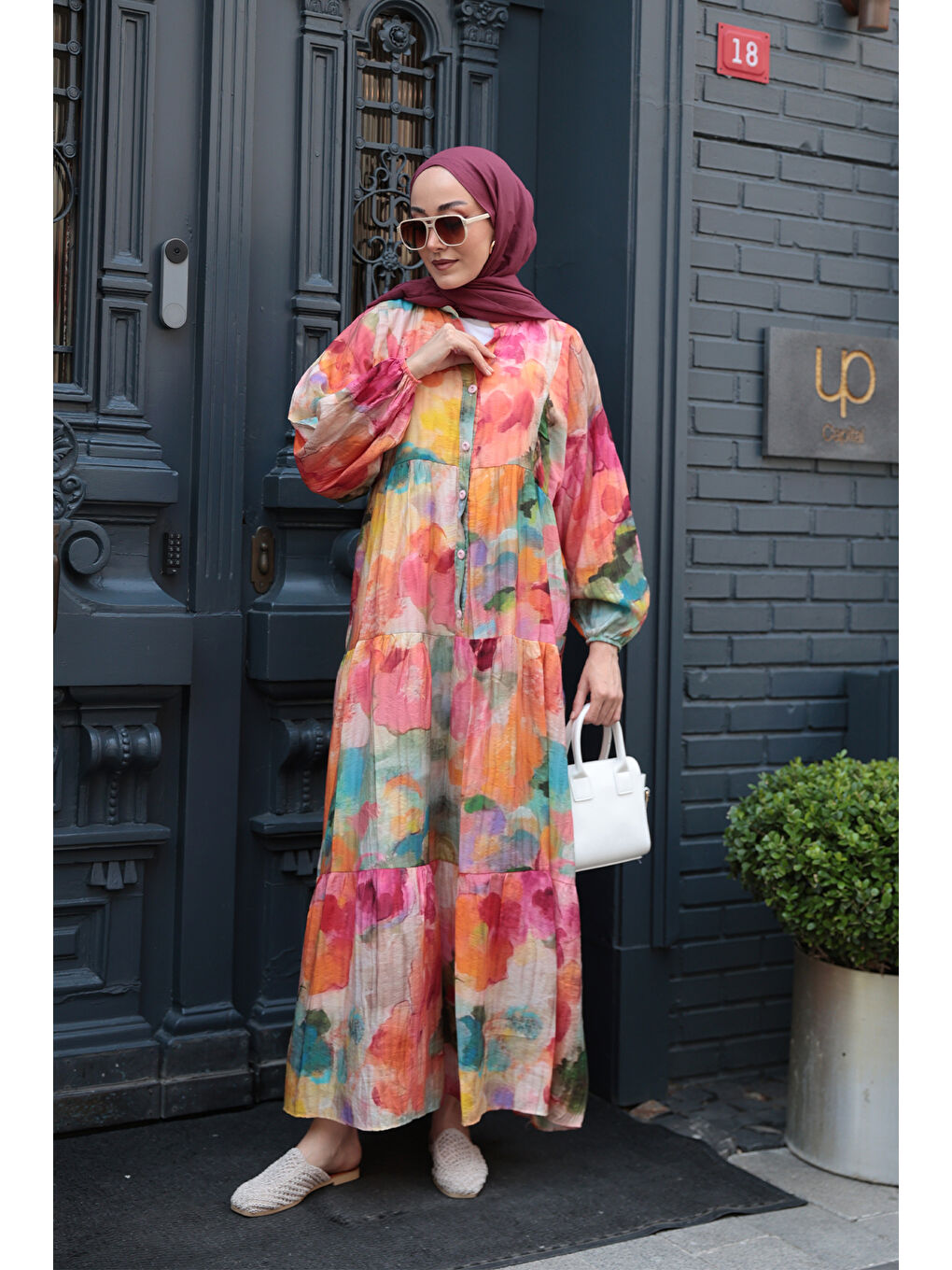 Kadın Batik Desenli Elbise Turuncu-1