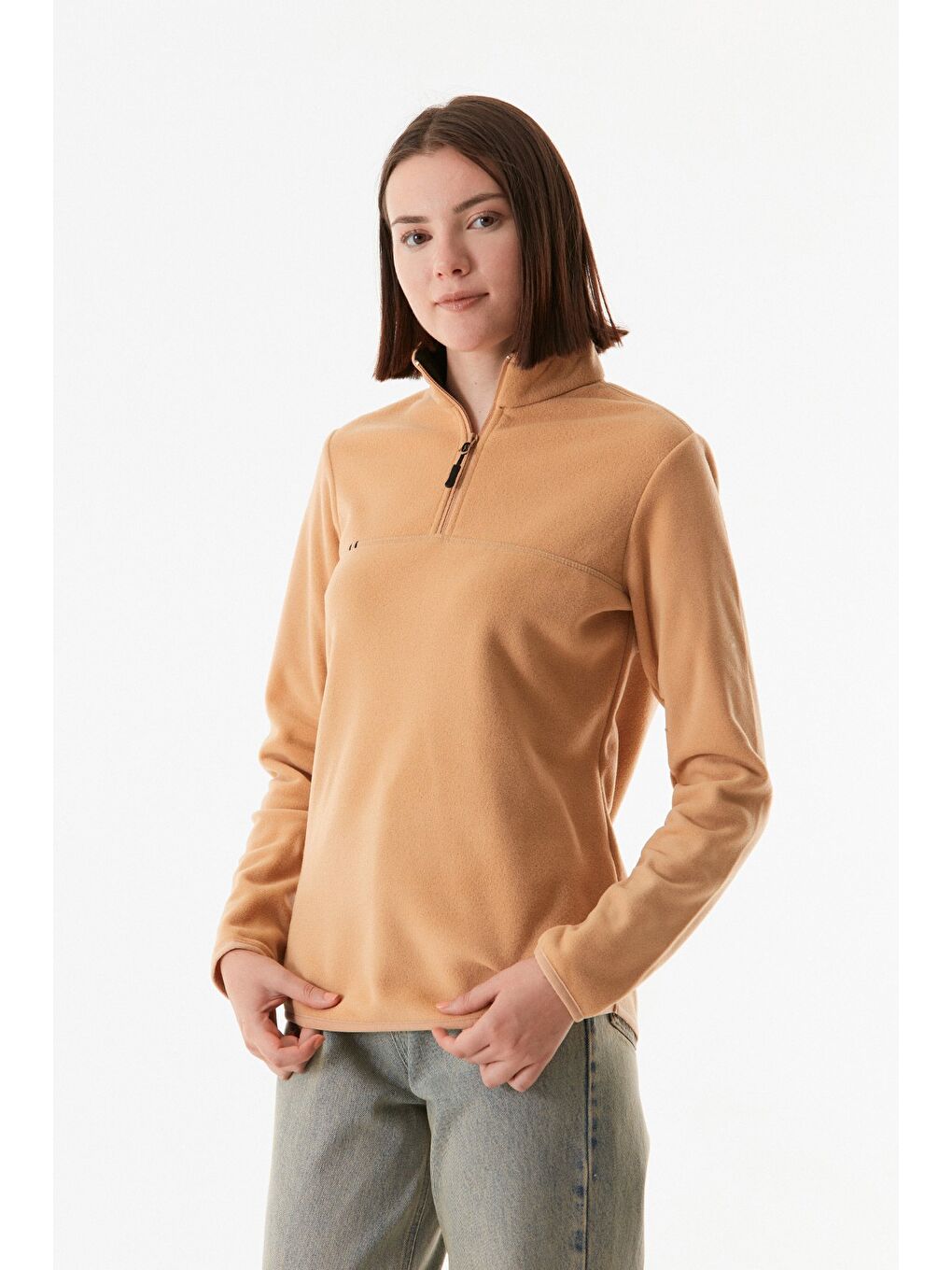 Fullamoda Bej Basic Yarım Fermuarlı Dik Yaka Polar Sweatshirt - 2