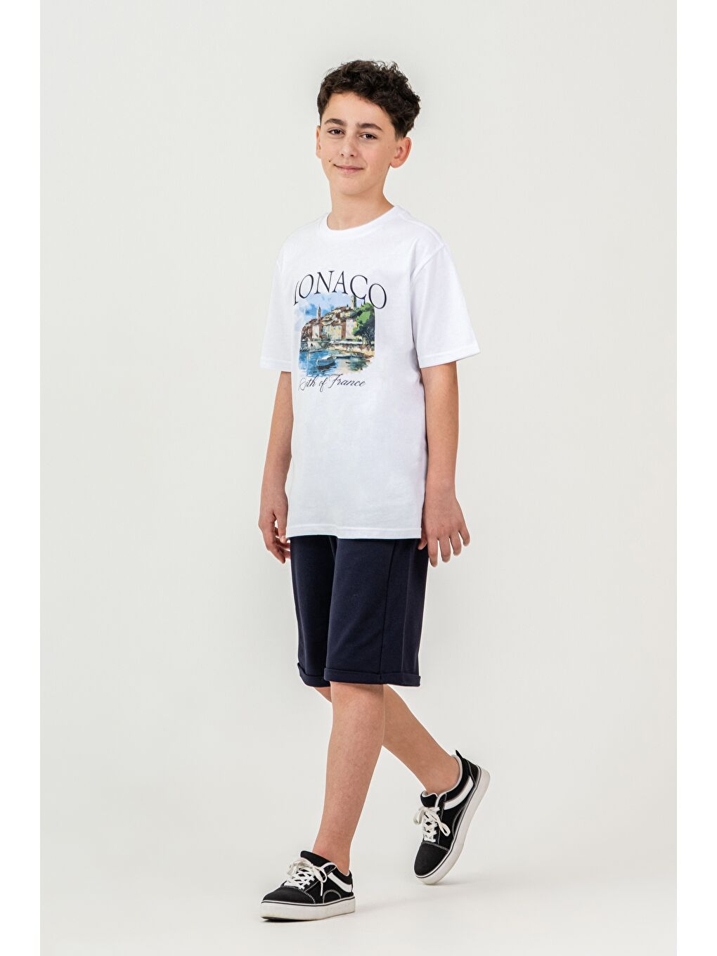 Lacivert Ön Orta Baskılı Duble Paçalı Erkek Çocuk Şort - Tişört Takımı-2