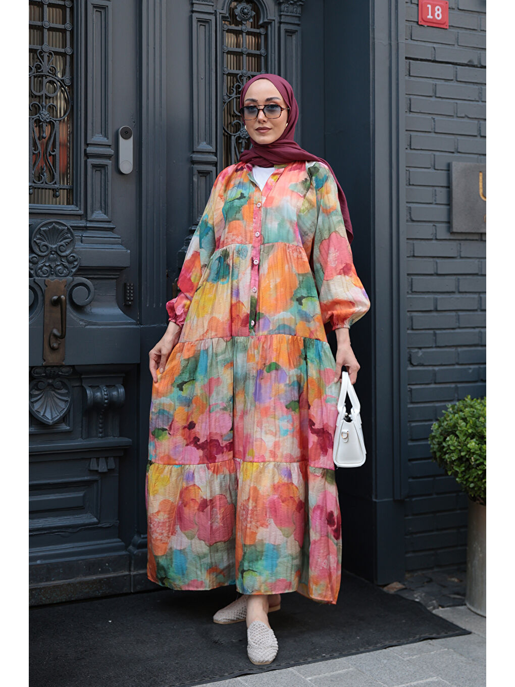 Kadın Batik Desenli Elbise Turuncu-2