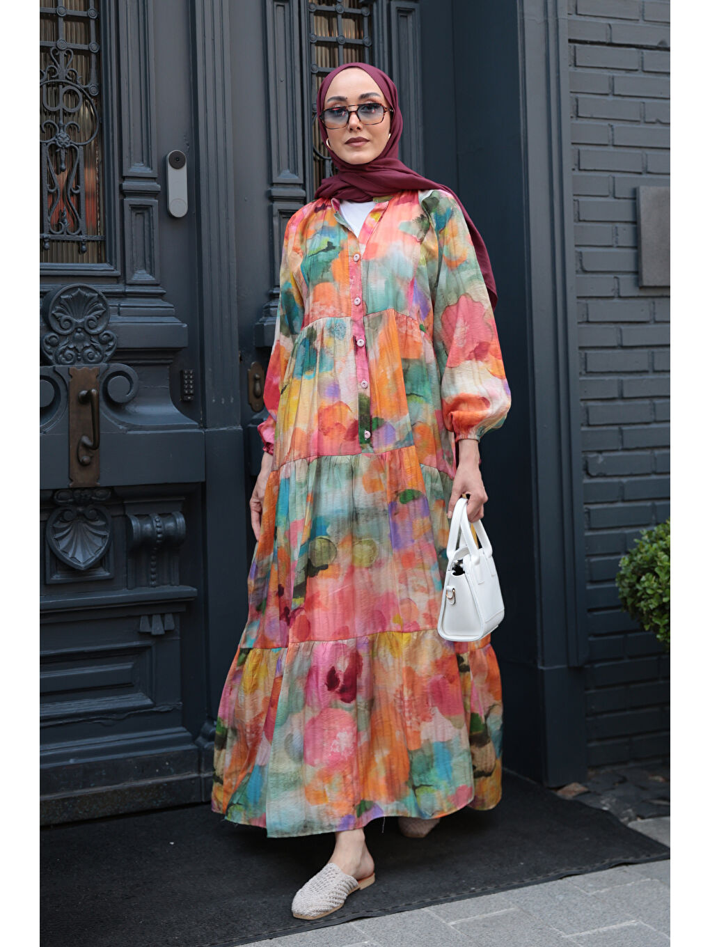 Kadın Batik Desenli Elbise Turuncu-3