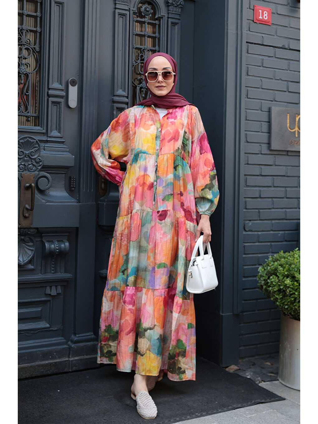 Kadın Batik Desenli Elbise Turuncu-4