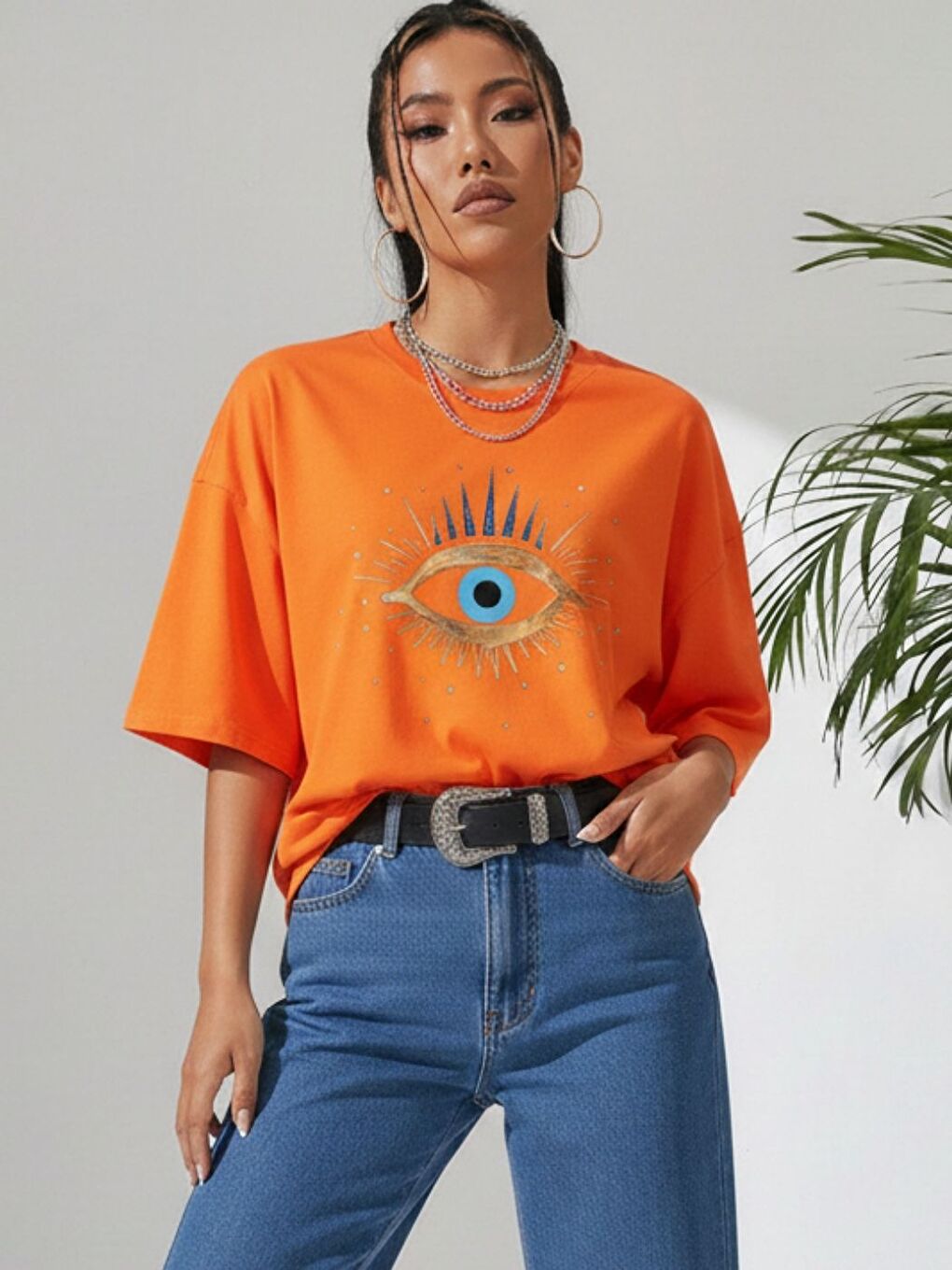 Kadın Turuncu Eye Baskılı Oversize Tişört