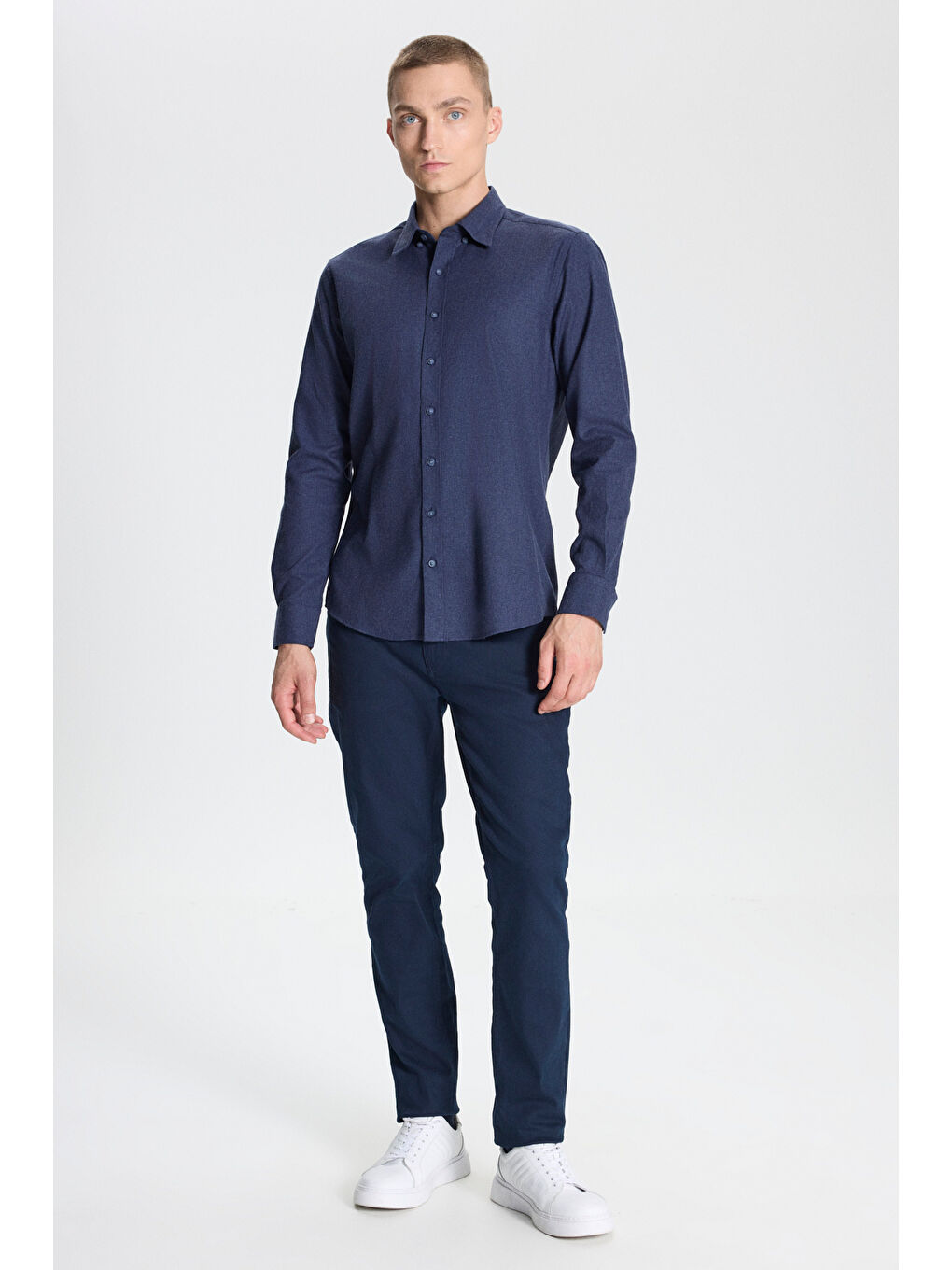 Erkek Lacivert Recycle Slim Fit Dar Kesim Gizli Düğmeli Yaka Pamuklu Flanel Oduncu Gömlek-1