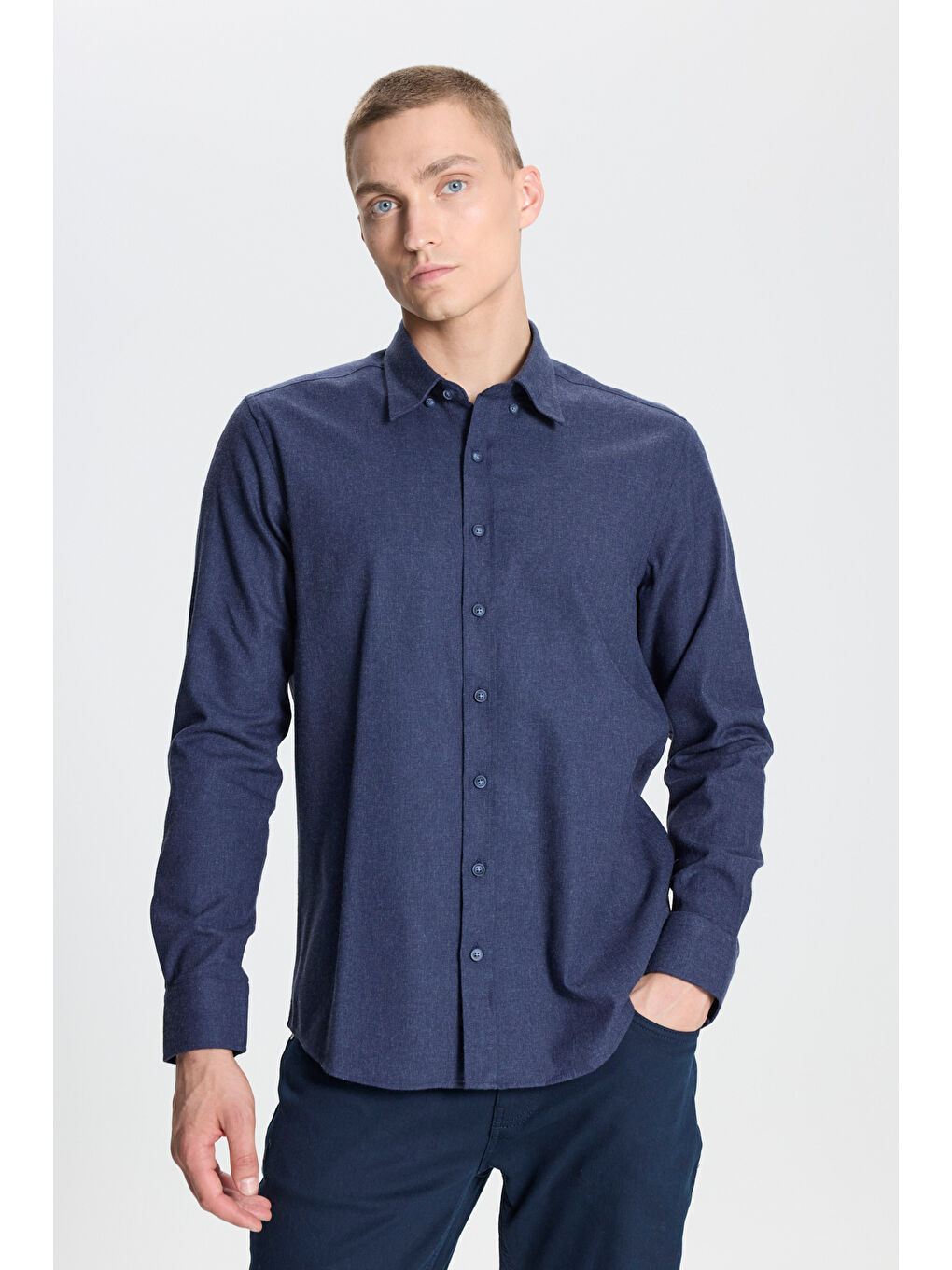 Erkek Lacivert Recycle Slim Fit Dar Kesim Gizli Düğmeli Yaka Pamuklu Flanel Oduncu Gömlek-2