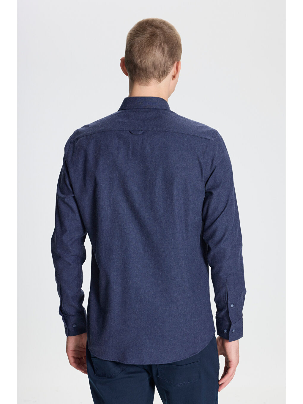Erkek Lacivert Recycle Slim Fit Dar Kesim Gizli Düğmeli Yaka Pamuklu Flanel Oduncu Gömlek-4