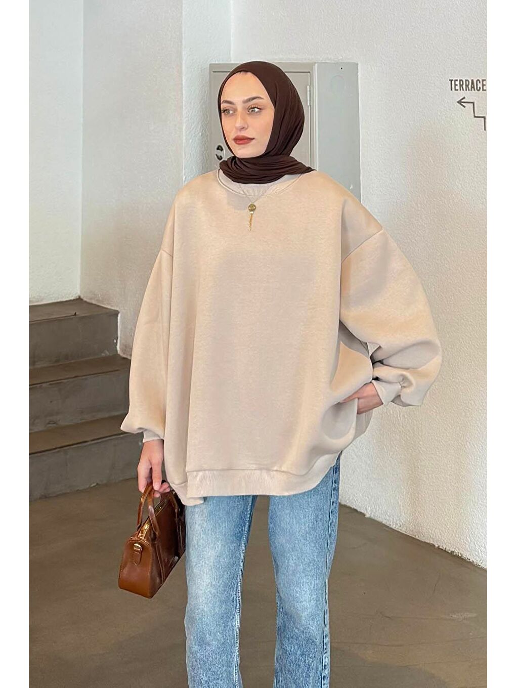Ekru Oversize Sweatshirt Krem-1