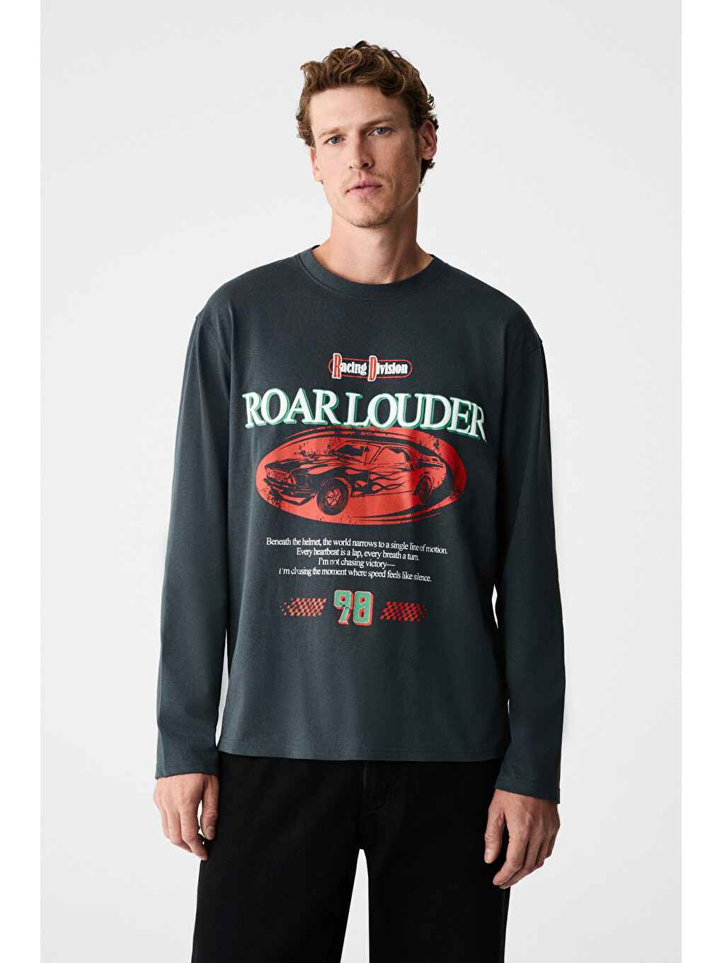 Davıdson Erkek Baskılı %100 Organik Pamuklu Bisiklet Yaka Oversize Uzun Kollu Antrasit T-shirt-2