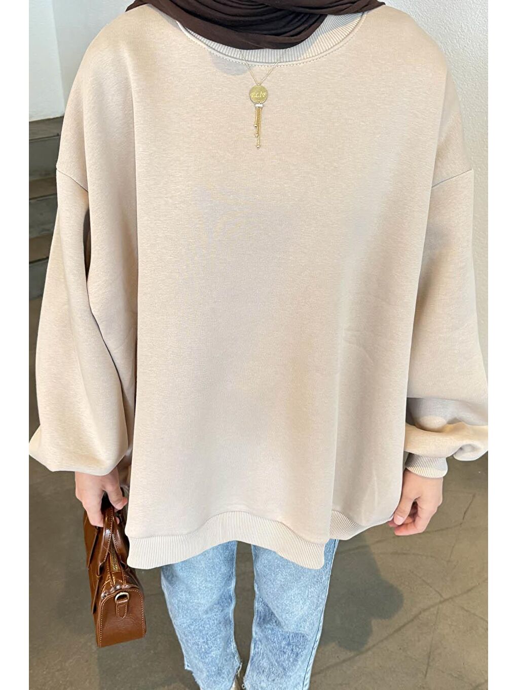 Ekru Oversize Sweatshirt Krem-2