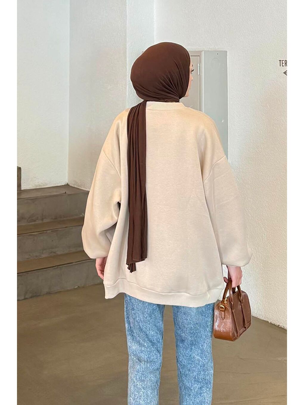 Ekru Oversize Sweatshirt Krem-3