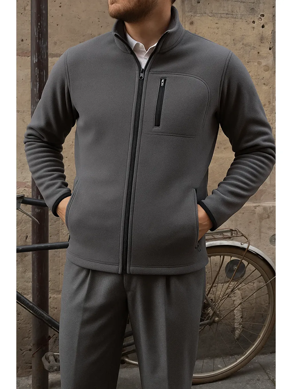 Gri Erkek Kalın Fermuarlı Kışlık Günlük Füme Polar Ceket-1