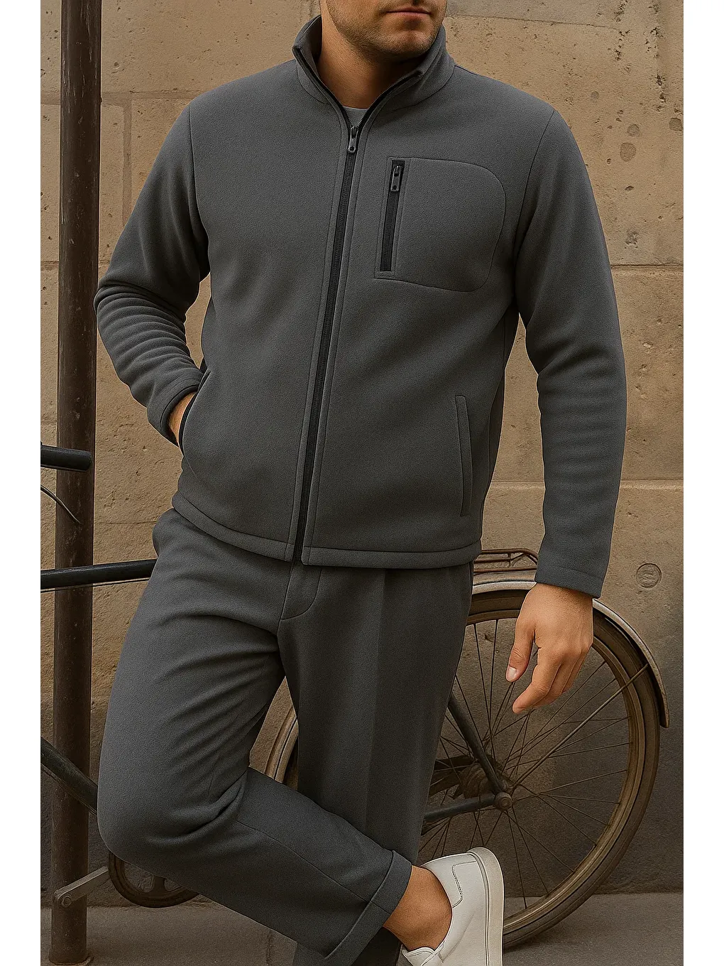 Gri Erkek Kalın Fermuarlı Kışlık Günlük Füme Polar Ceket-2