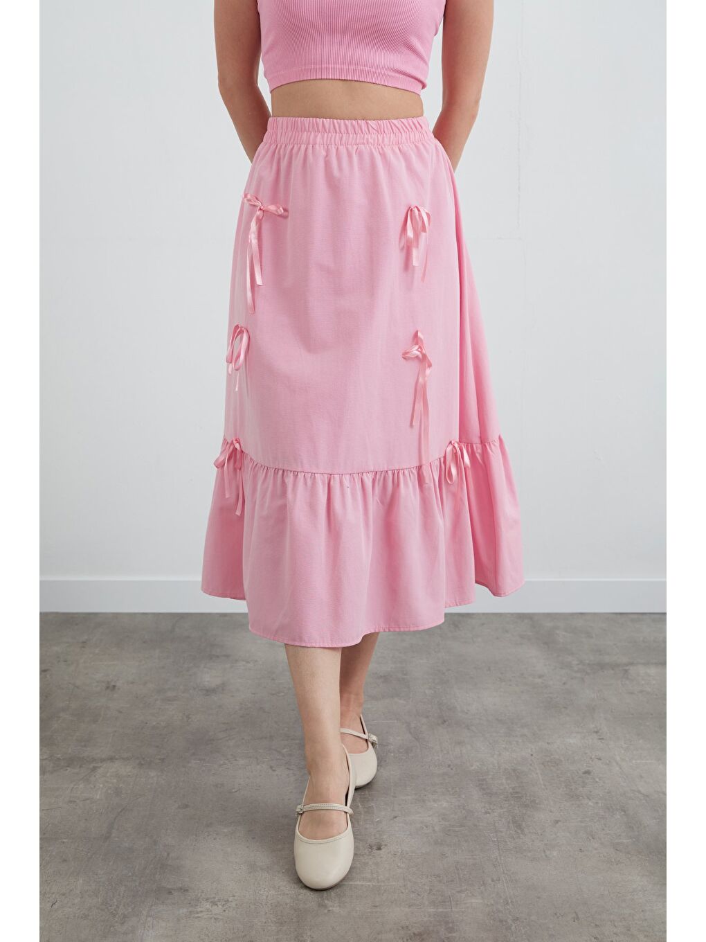 Pembe Beli Lastikli Kurdeleli Etek-1