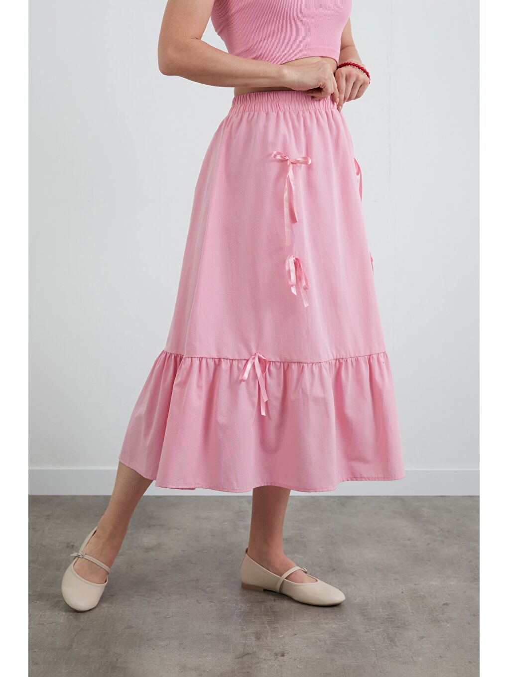 Pembe Beli Lastikli Kurdeleli Etek-2