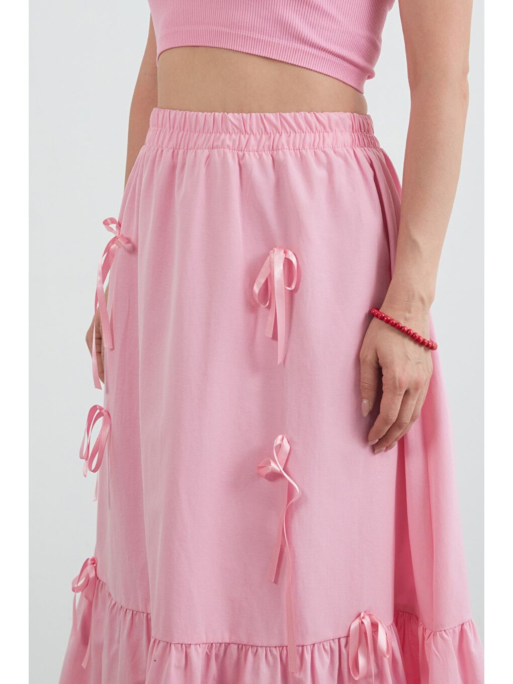 Pembe Beli Lastikli Kurdeleli Etek-3