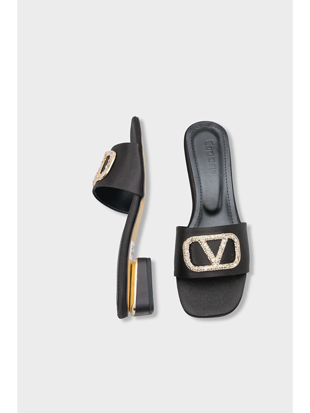 Siyah Yuvarlak Küt Burunlu Taşlı Tokalı Saten Kısa Topuklu Kadın Terlik-4