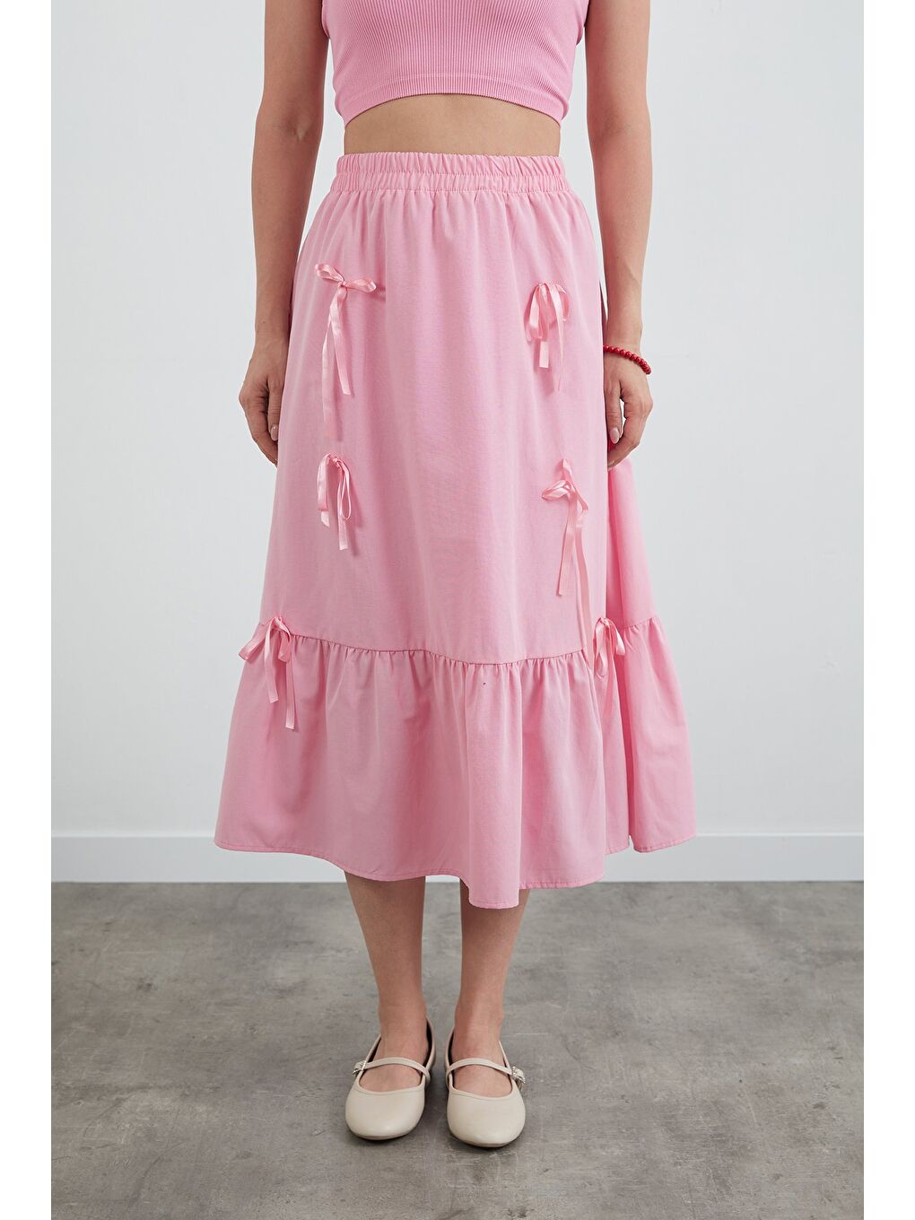 Pembe Beli Lastikli Kurdeleli Etek-4