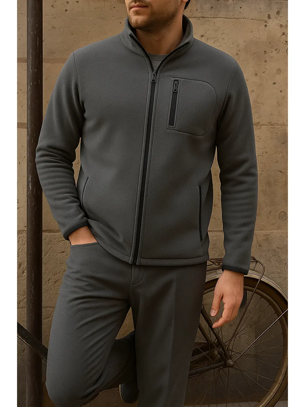 Gri Erkek Kalın Fermuarlı Kışlık Günlük Füme Polar Ceket-3