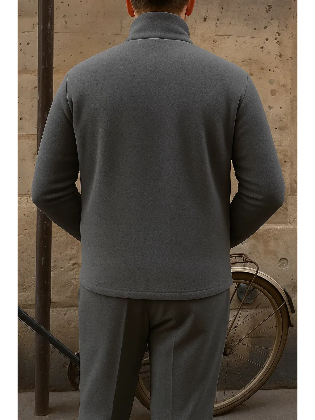 Gri Erkek Kalın Fermuarlı Kışlık Günlük Füme Polar Ceket-4