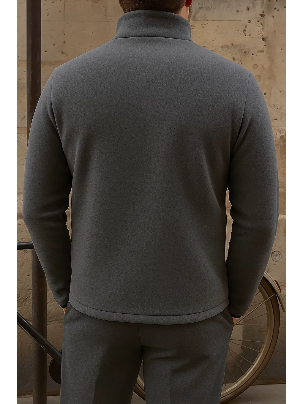 Gri Erkek Kalın Fermuarlı Kışlık Günlük Füme Polar Ceket-5