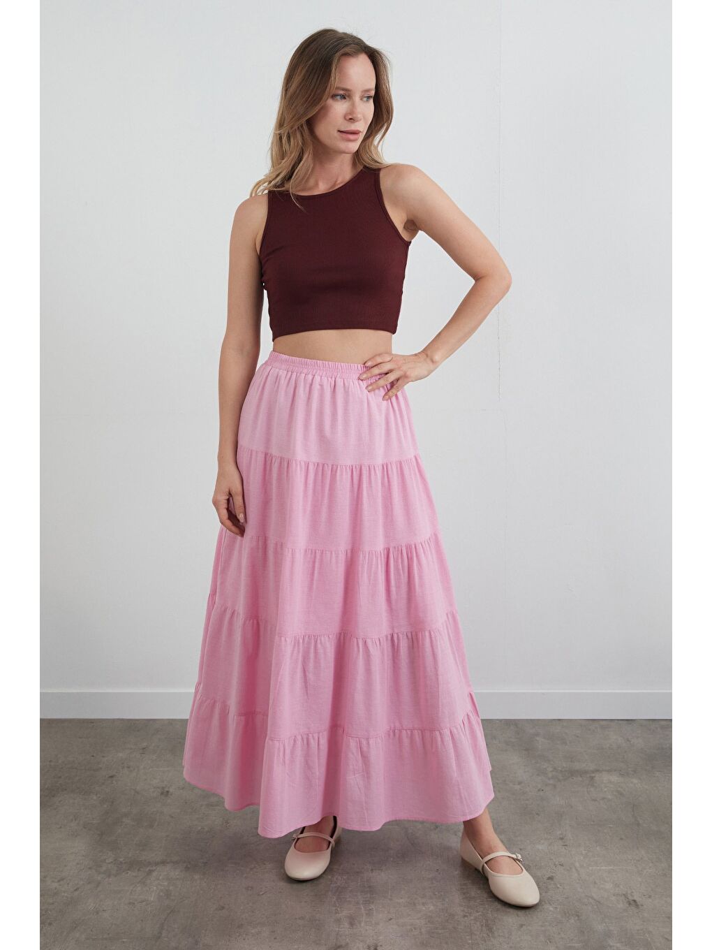 Pembe Beli Lastikli Fırfırlı Keten Etek