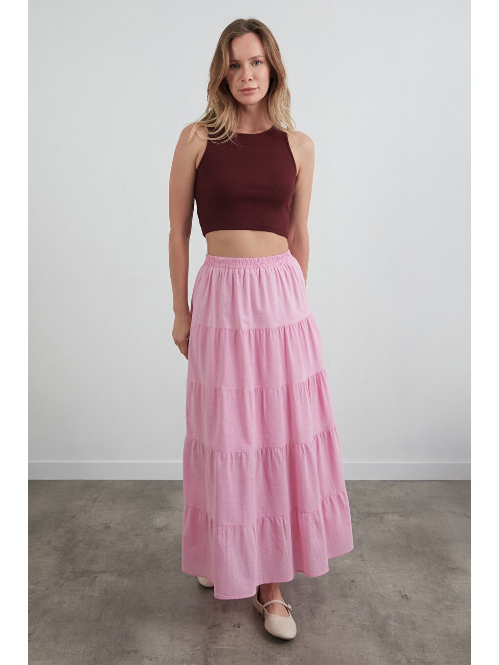 Pembe Beli Lastikli Fırfırlı Keten Etek-1