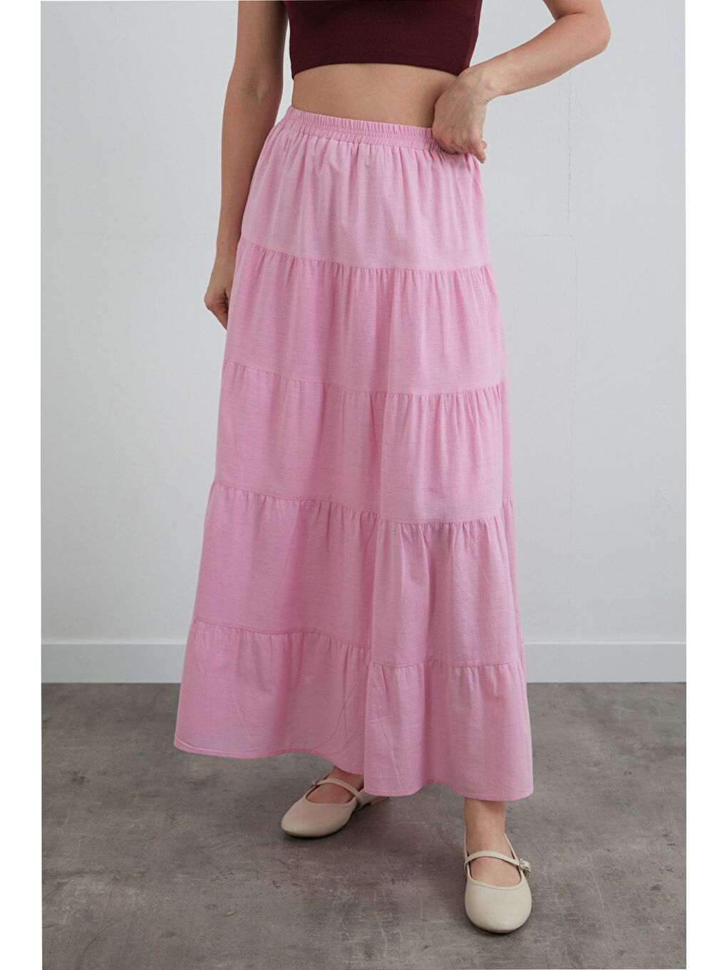 Pembe Beli Lastikli Fırfırlı Keten Etek-2