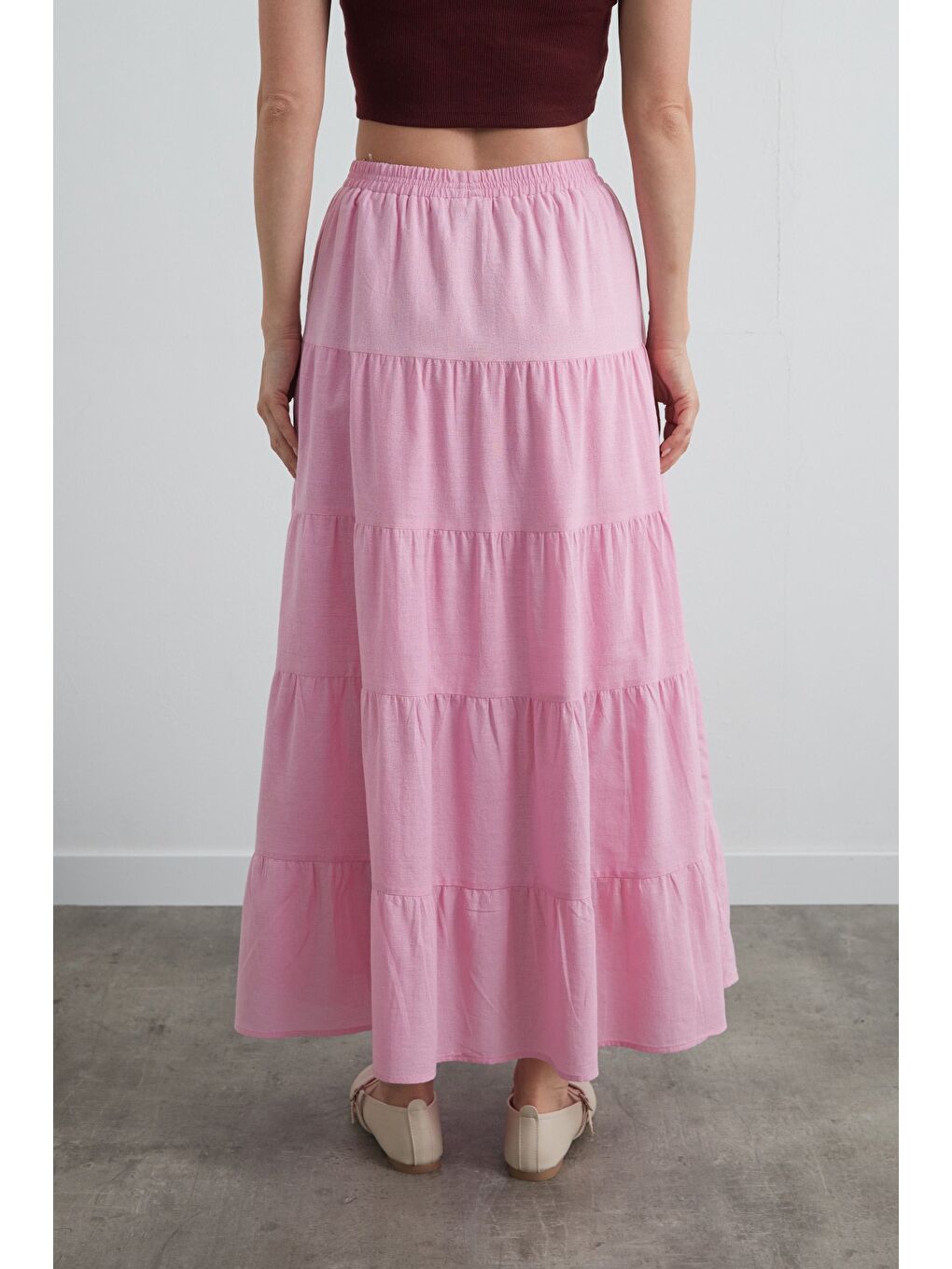 Pembe Beli Lastikli Fırfırlı Keten Etek-3