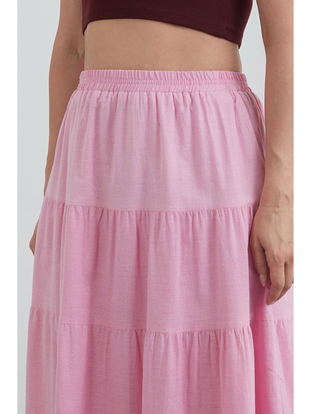 Pembe Beli Lastikli Fırfırlı Keten Etek-4