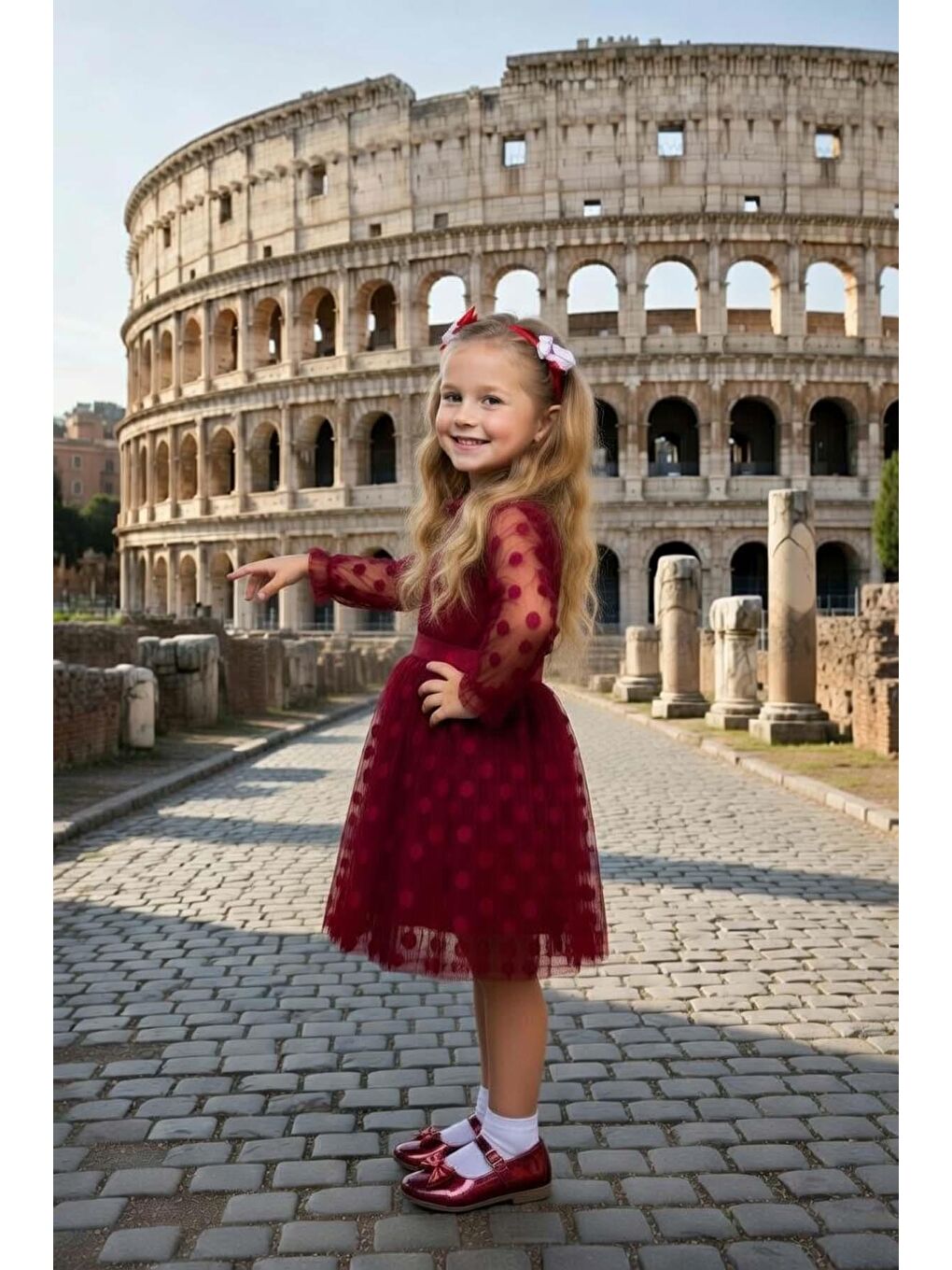 Kız Çocuk Kolları Şeffaf Tüllü Üzeri Benekli İçi Astarlı Bordo Elbise-1