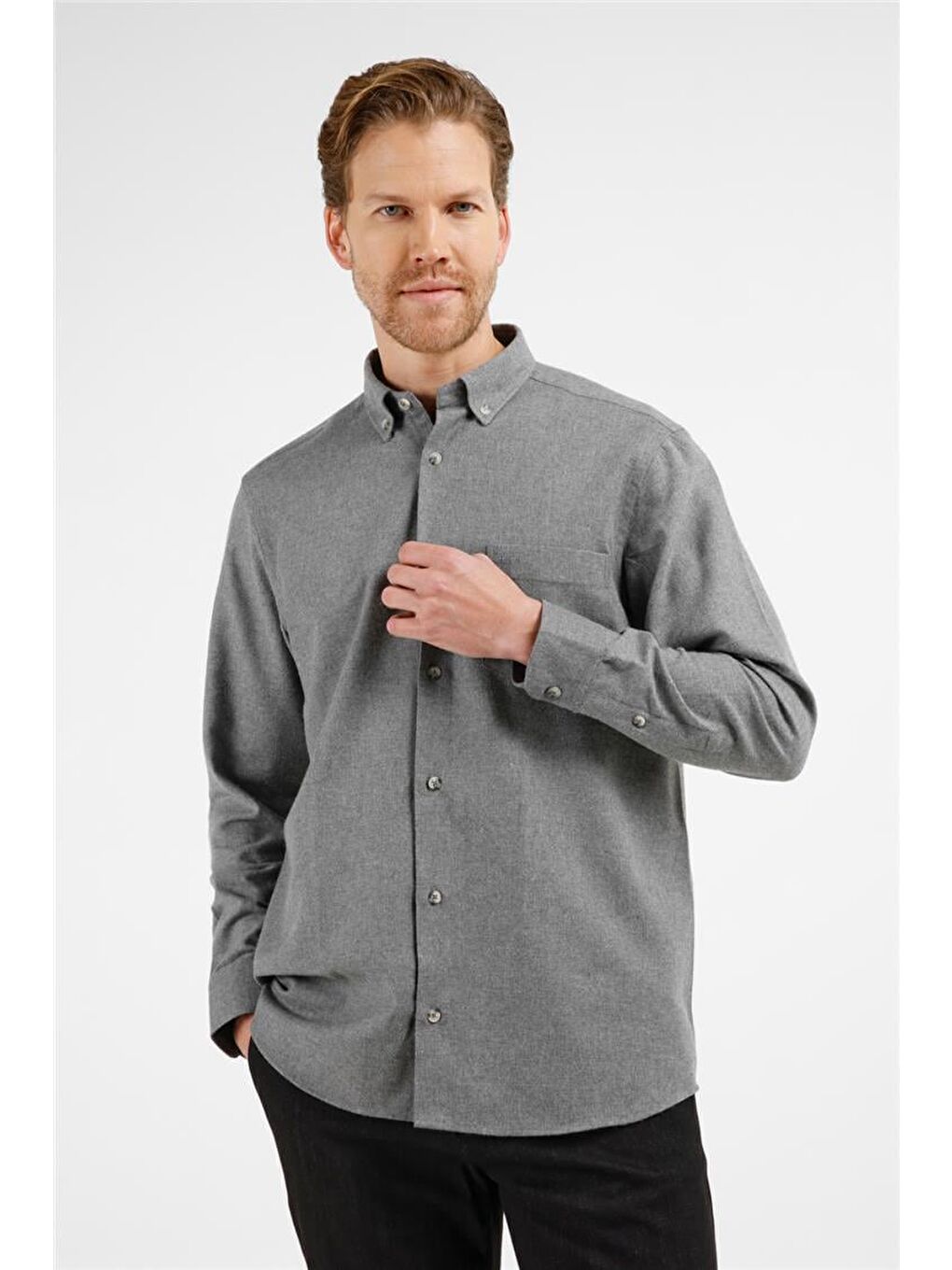 Gri Füme Düğmeli Yaka Uzun Kol Cepli Comfort Fit Pamuklu Gömlek 1004255234-2