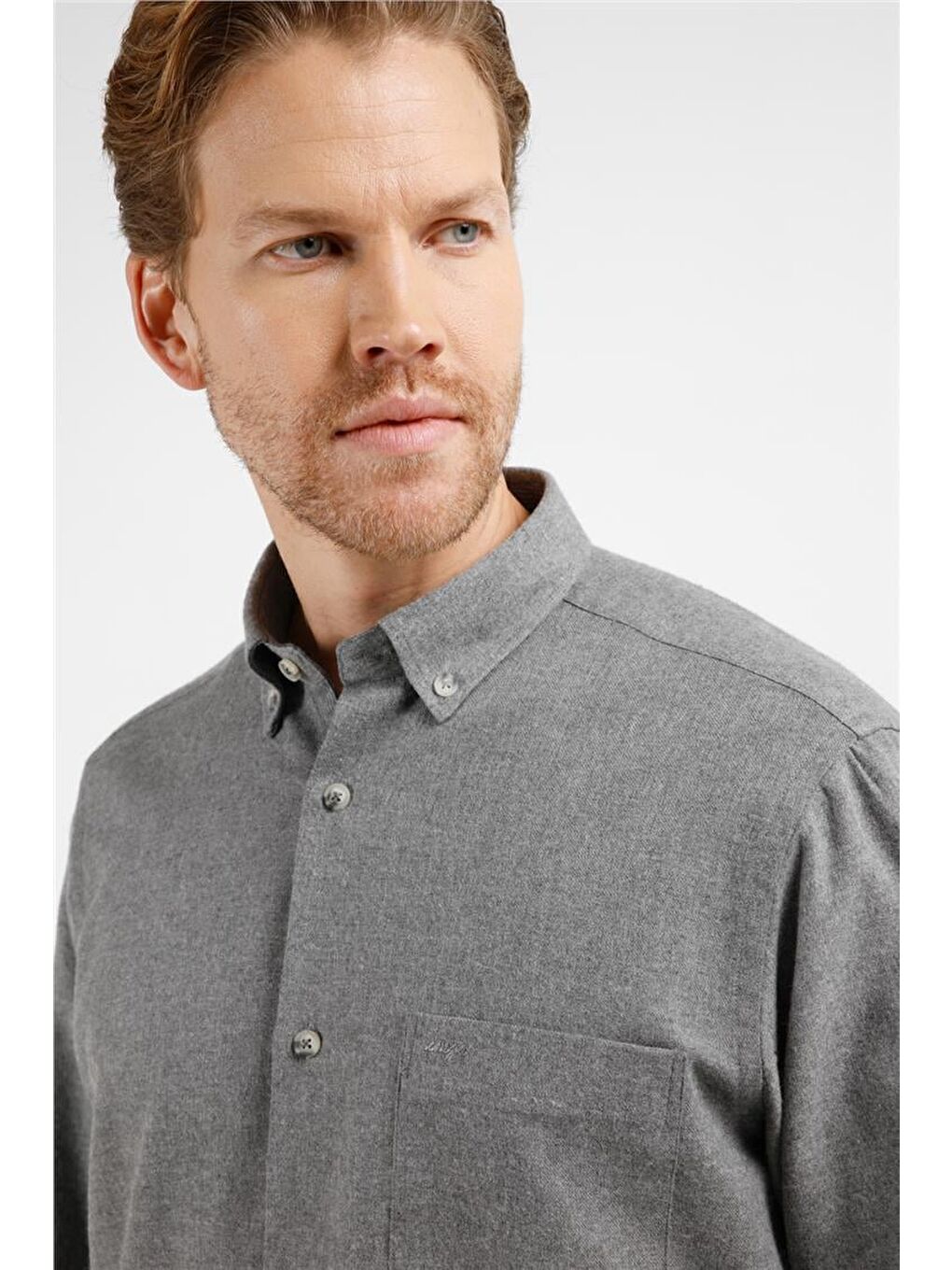 Gri Füme Düğmeli Yaka Uzun Kol Cepli Comfort Fit Pamuklu Gömlek 1004255234-3