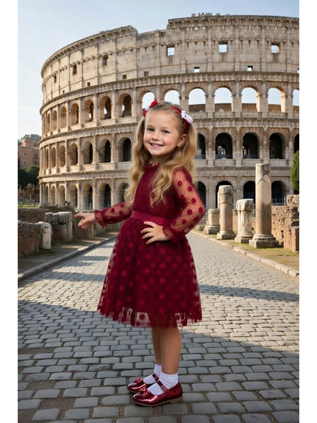 Kız Çocuk Kolları Şeffaf Tüllü Üzeri Benekli İçi Astarlı Bordo Elbise-2