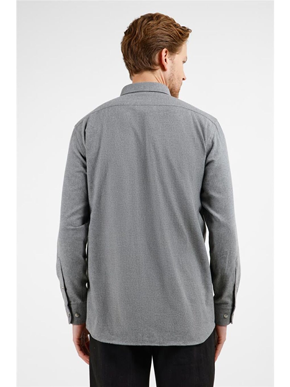 Gri Füme Düğmeli Yaka Uzun Kol Cepli Comfort Fit Pamuklu Gömlek 1004255234-4