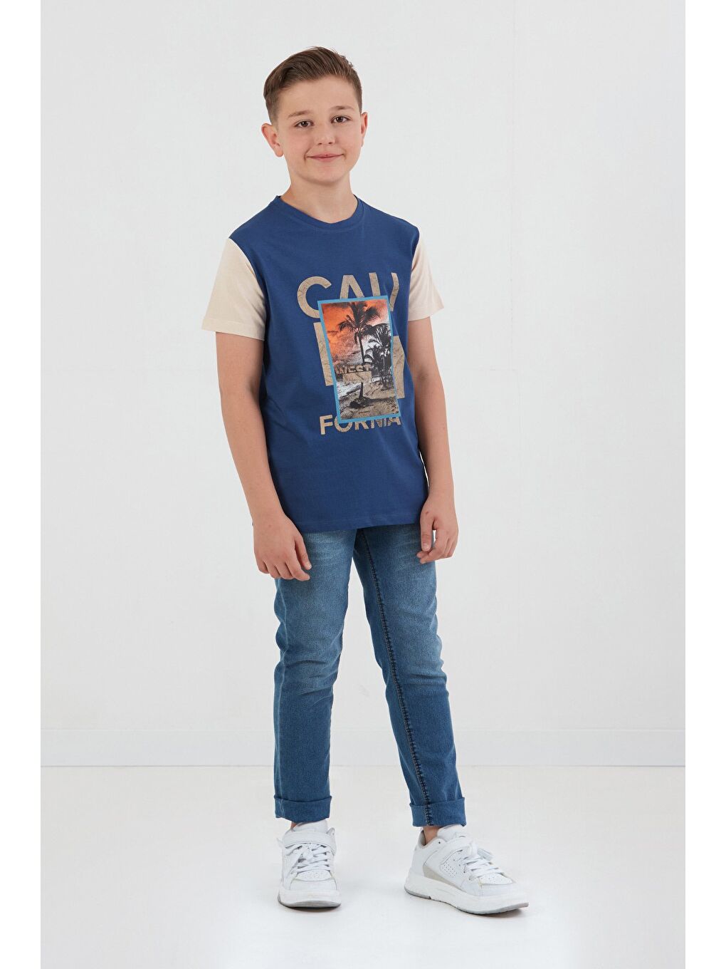 İndigo %100 Pamuk Palmiye Baskılı Erkek Çocuk Tişört-1