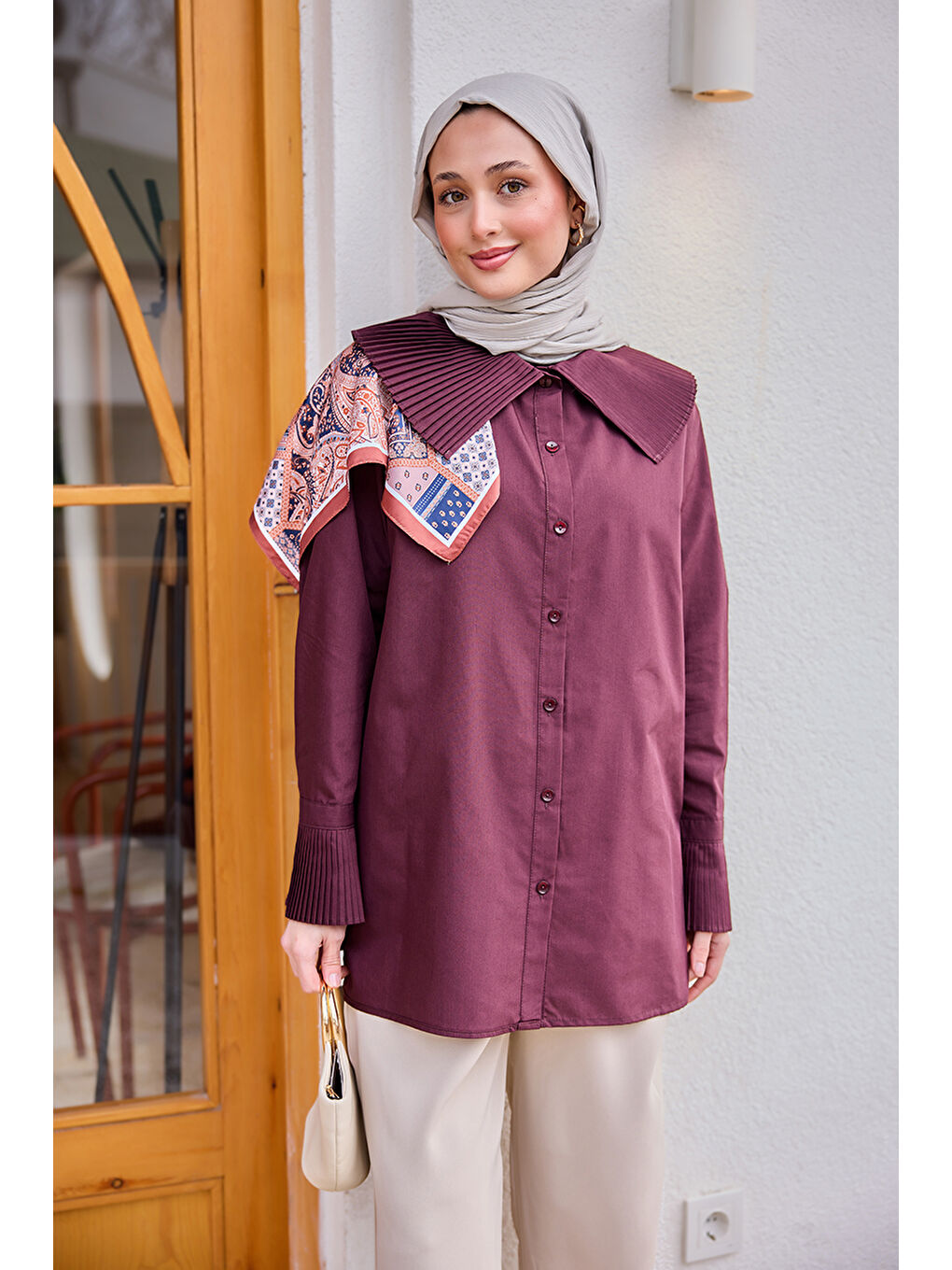 Kadın Gömlek Ve Kol Pilise Detaylı Gömlek Bordo