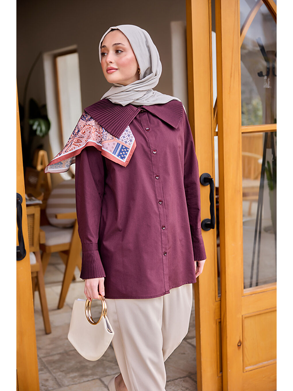 Kadın Gömlek Ve Kol Pilise Detaylı Gömlek Bordo-1